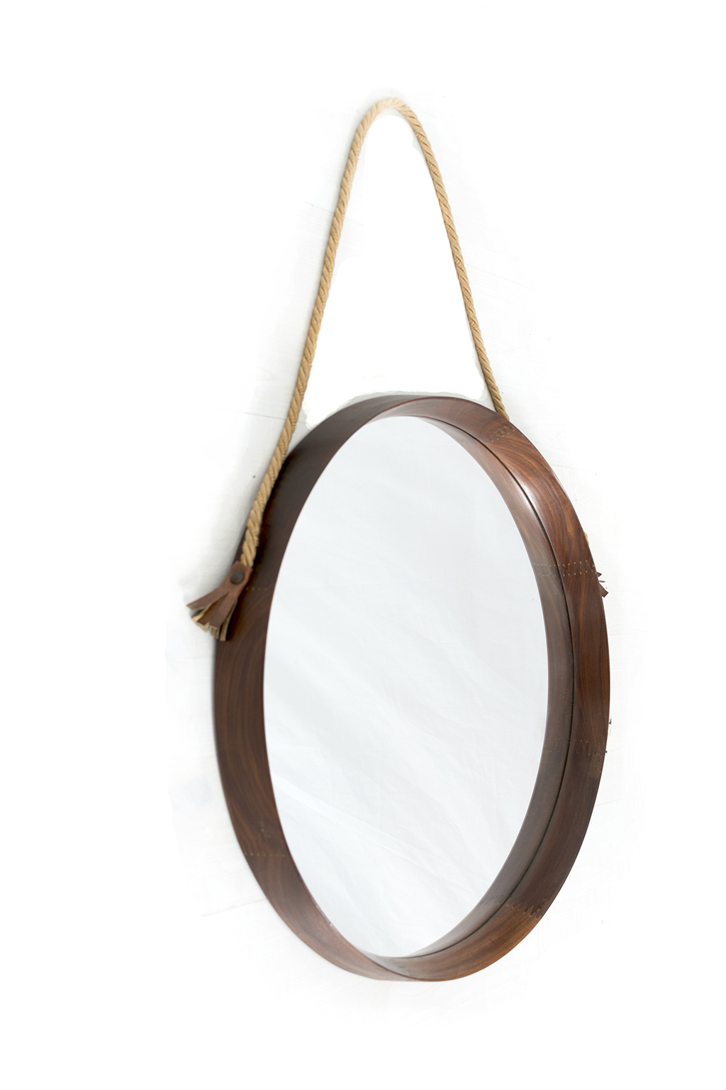 Round mirror with teak frame
