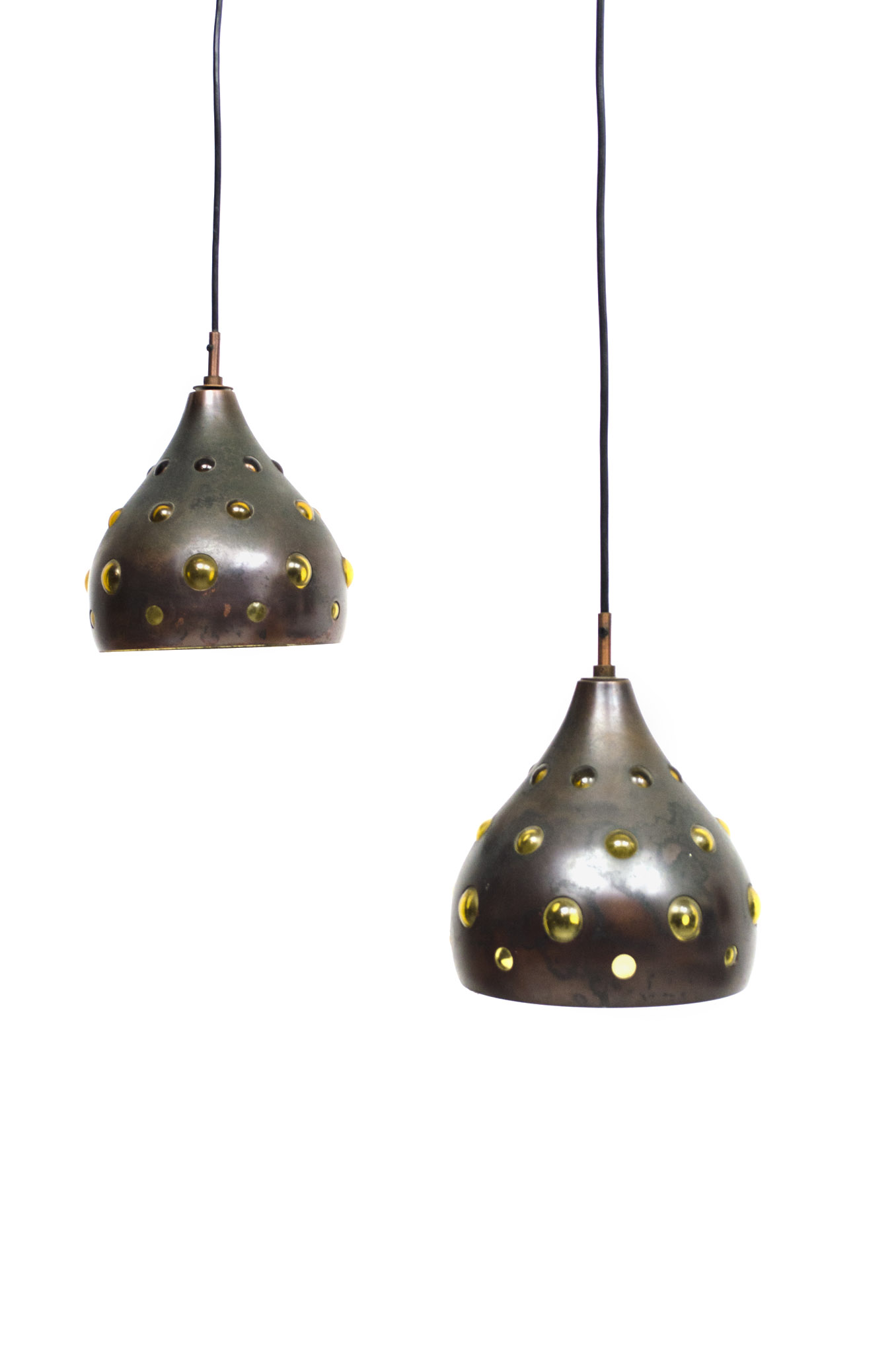 Nanny Still pair of bronze colored hanging lamps with glass